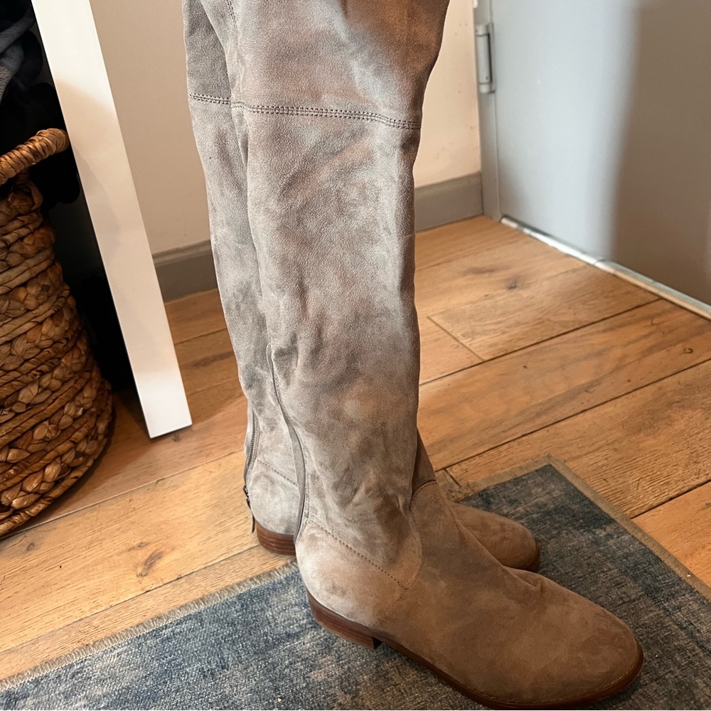 Beige suede knee high boots